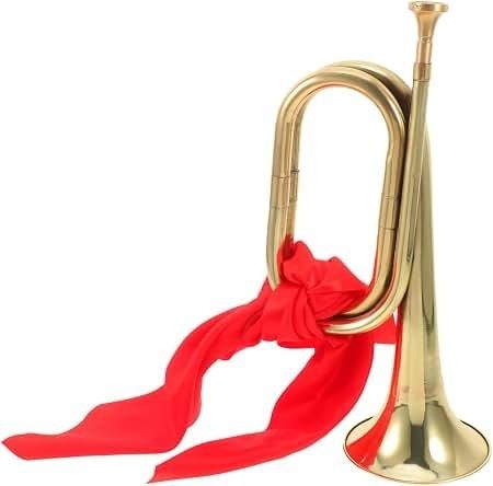 Gold brass horn with a bright red scarf tied around its tubing