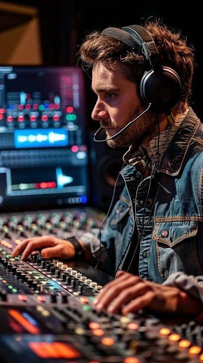 Audio engineer wearing a headset while working at a mixing console